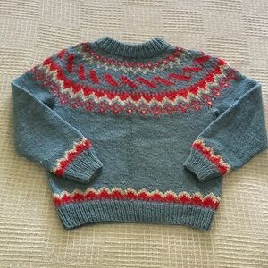 Faire Isle  blue with red and pale gray pattern Handknit Sweater